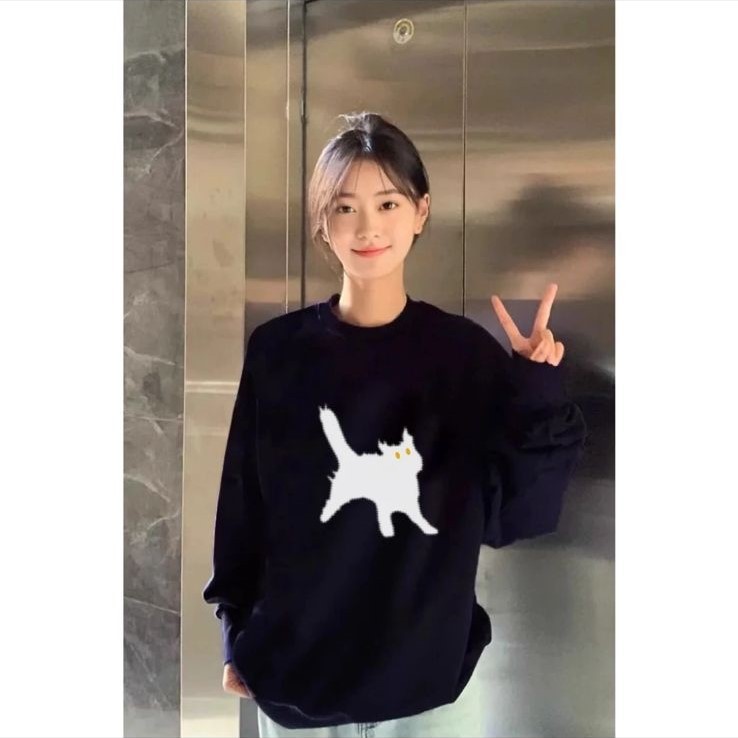 Aidon - Angry Cat Sweater Wanita Crew Neck Oversize