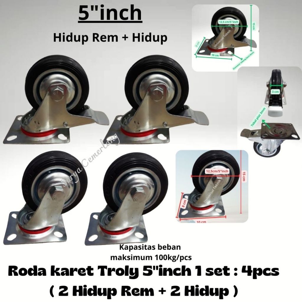Roda troli Karet 5" inch troly kastor 1 Set 4pcs( 2Hidup Rem 2 Hidup )