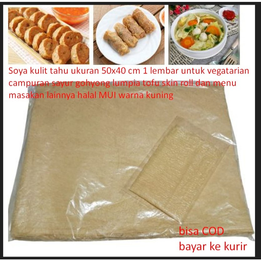 

Kulit tahu ukuran 50x40 cm 1 lembar untuk vegatarian campuran sayur gohyong lumpia tofu skin roll dan menu masakan lainnya halal MUI warna kuning