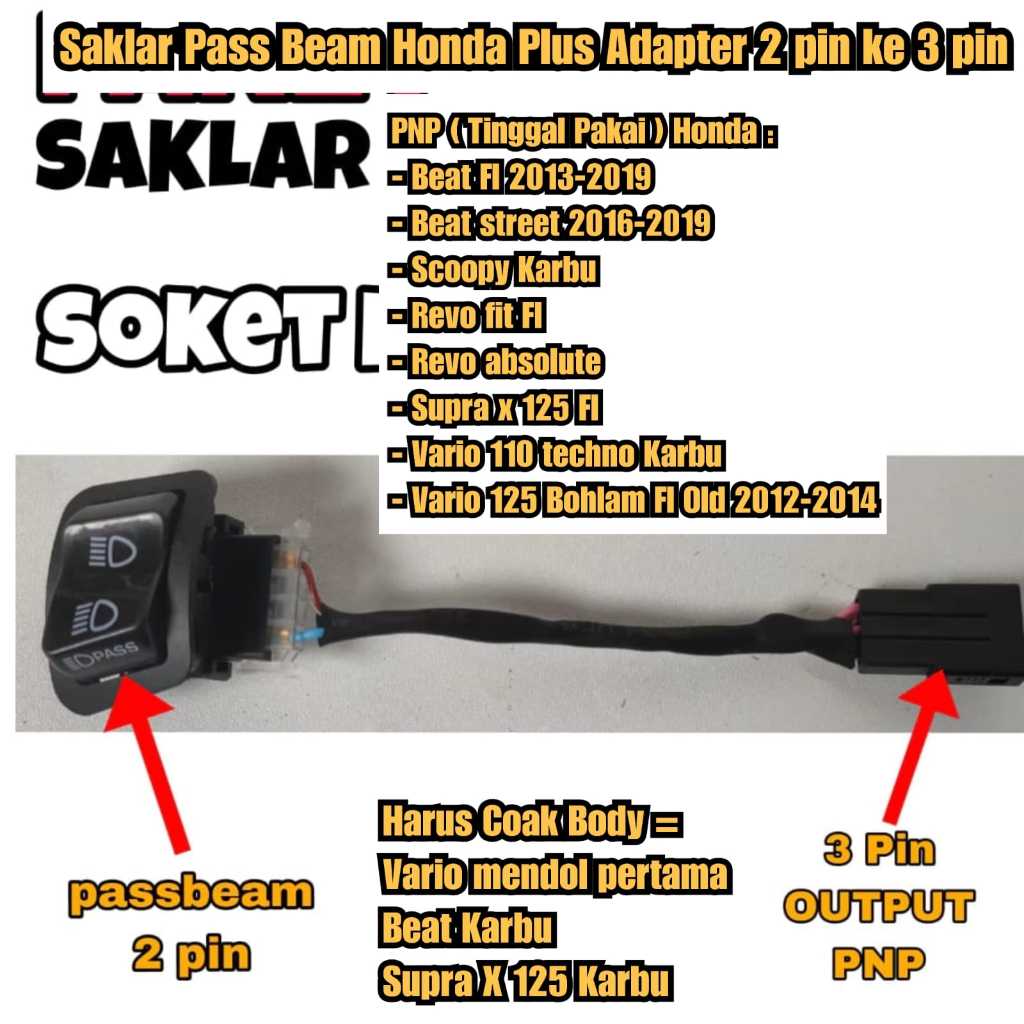 Saklar pass beam beat fi Vario 125 lama bohlam plus adapter 2 pin ke 3 pin
