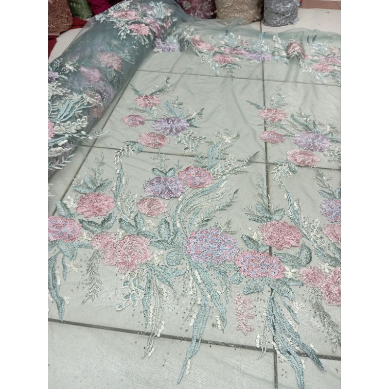 Kain Kebaya Tile Multi Colour / Kain Tile Brokat Bordir Korea ( Per 50 Cm)