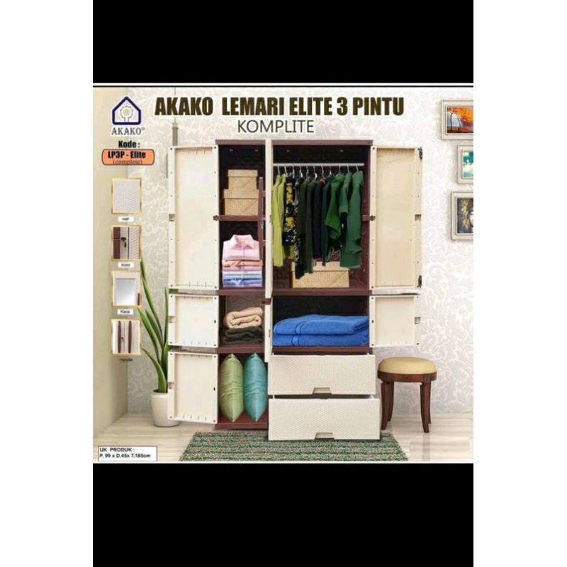 Lemari Plastik Akako 3 Pintu Besar Jumbo Gantungan dan Lipatan