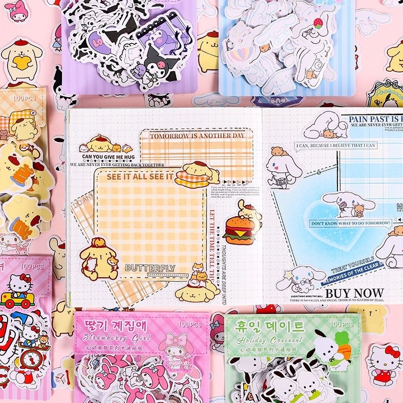 

100 pcs Sticker Dekorasi JURNAL Karakter Sanrio Hello kitty Kuromi /Sticker anak DIY untuk scrapbook atau Jurnal Lucu