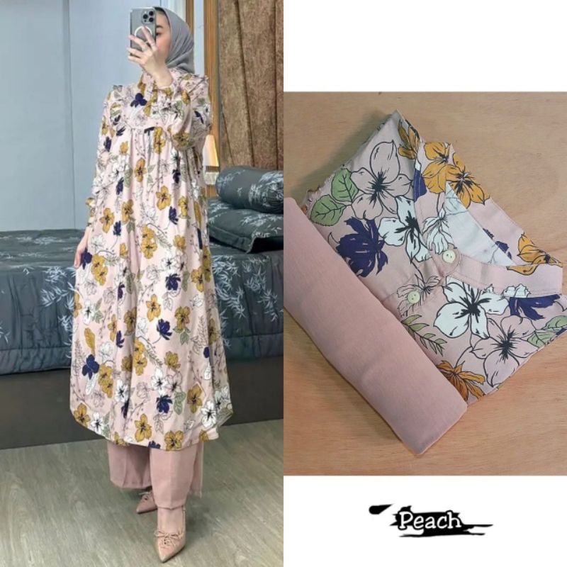 Set Long Tunik Baju Setelan Tunik Wanita Dewasa Motif Bunga