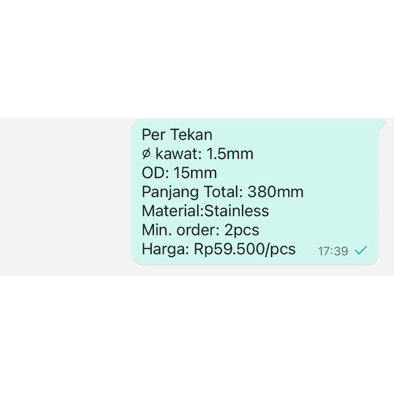 per Spring Pegas Tarik OD 15mm Kawat 1,5mm Panjang Total 380mm Stainless