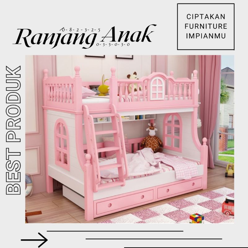 Tempat Tidur 3 Tingkat Anak Perempuan, Ranjang Karakter Minimalis Custom Laci