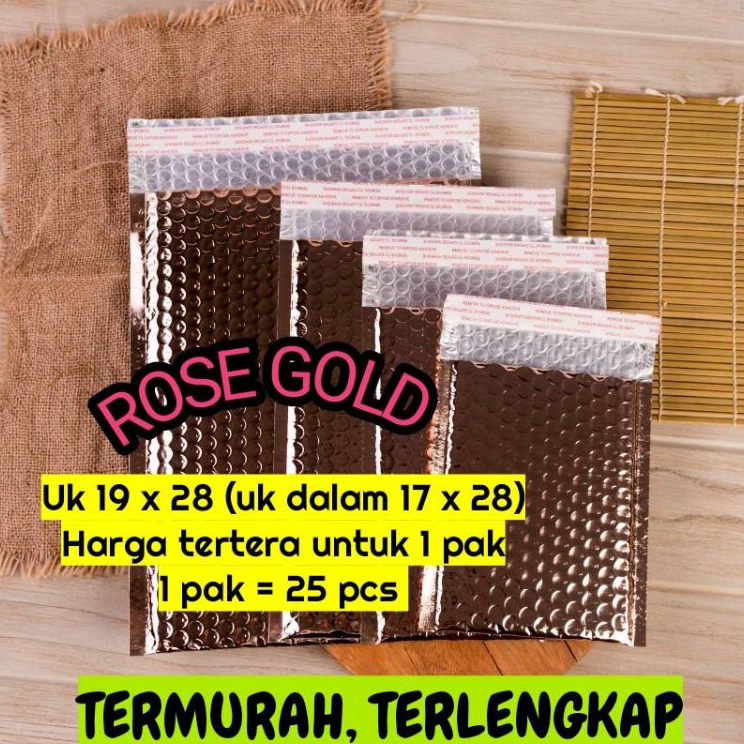 

amplop plastik bubble rose gold 19x28 uk dalam 17x28 packing online 1 pak isi 25 pcs