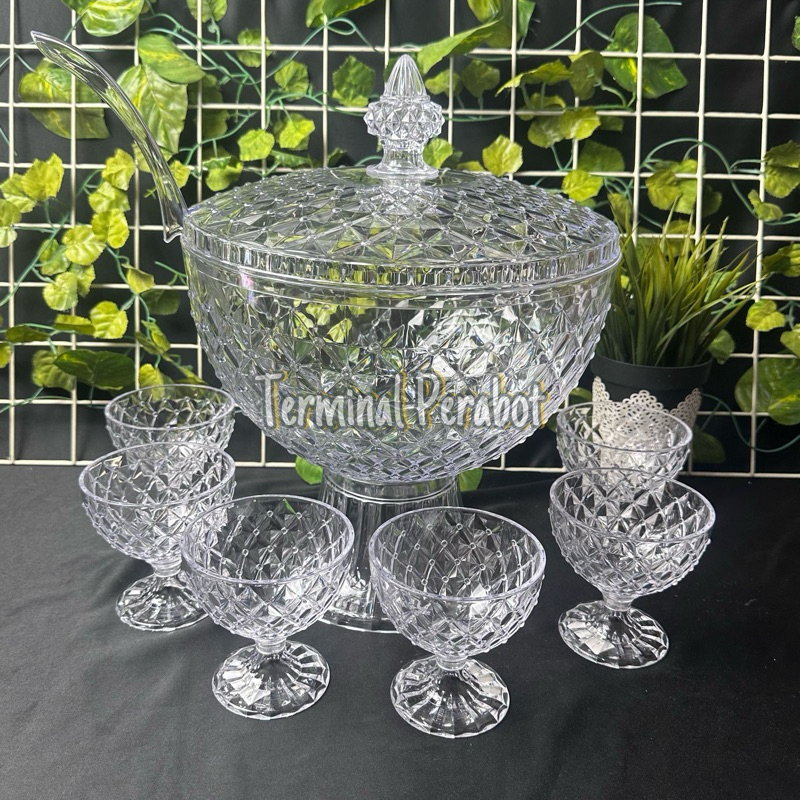 TERLARIS Wadah Sop Buah Akrilik Tebal + 6 Gelas Golden Sunkist