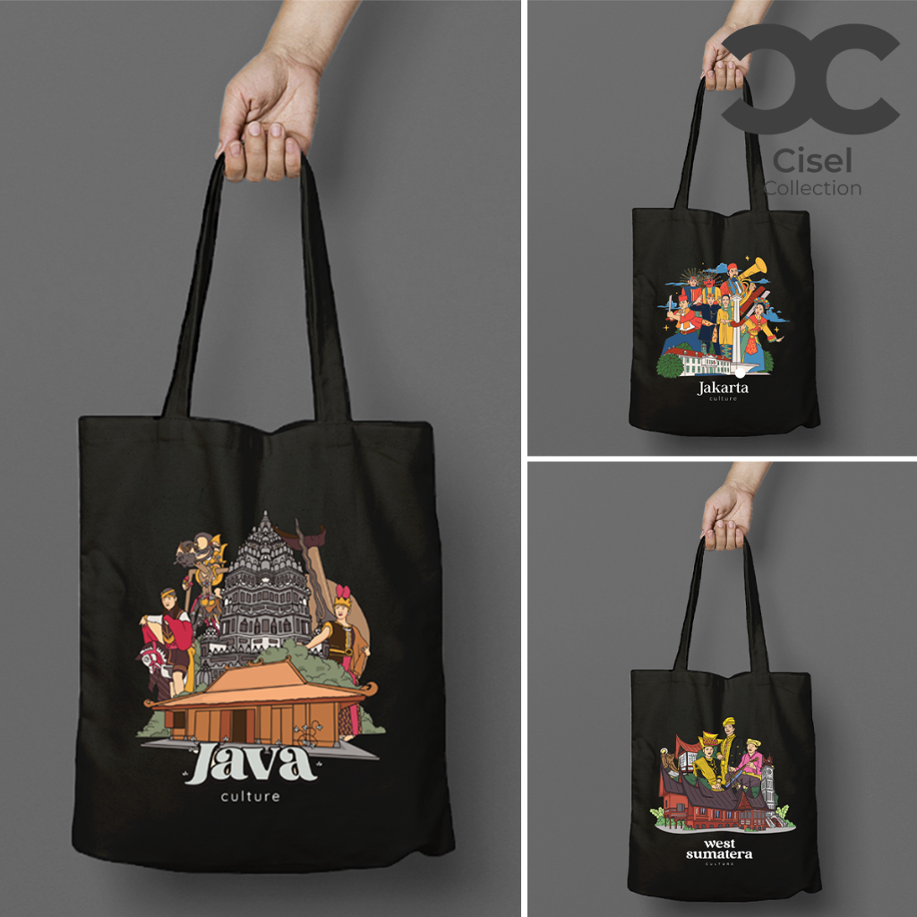 CISEL Tote Bag Hitam Tas Kanvas TEBAL Resleting Kota Besar dan Wisata Indonesia Lucu Imut Aesthetic 