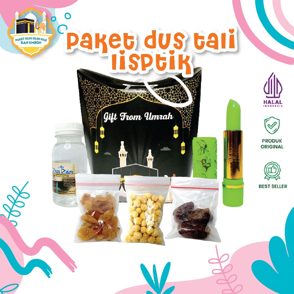 

Paket Oleh Oleh Haji dan Umroh Dus Tali Teng-Teng + Air zamzam + Lisptik Arab