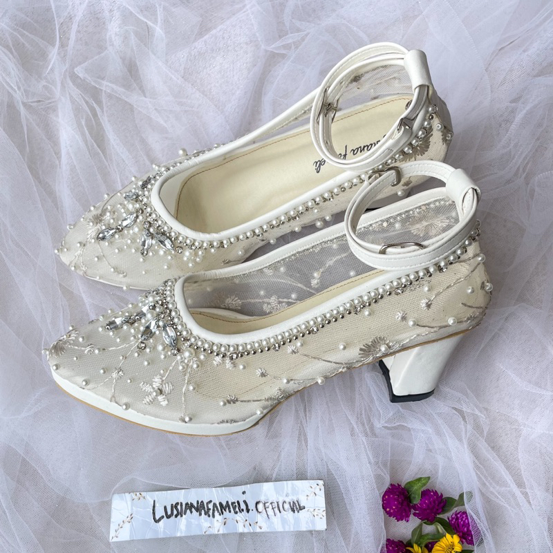𝑨𝒓𝒊𝒏𝒂 | sepatu wedding mewah pantofel heels platform sepatu payet kondangan acara pesta warna putih 