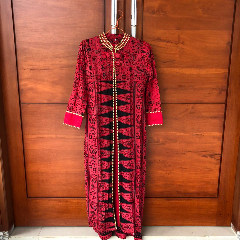 Set Dress Gamis Batik Jumputan Merah Wanita Palembang