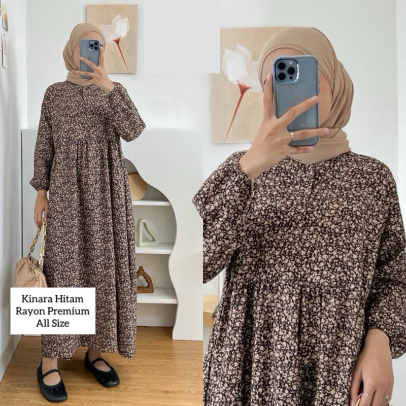 MIDI DRESS WANITA RAYON  / GAMIS RAYON ADEM BUMIL BUSUI FRIENDLY JUMBO-Kanaya Hitam