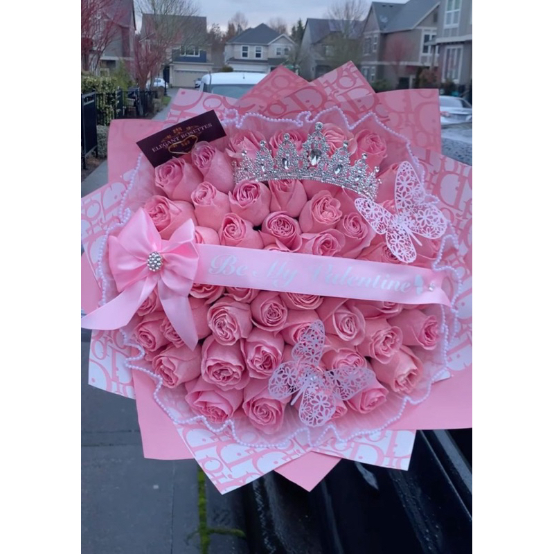 

buket pita satin pink mahkota pita