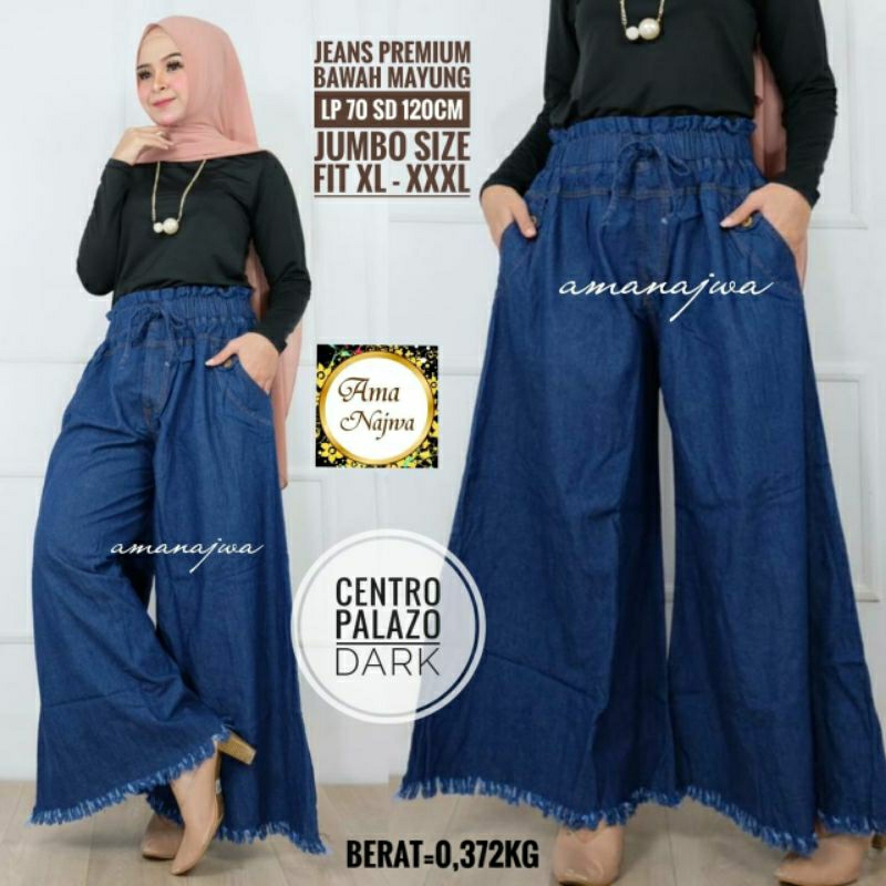 Centro Celana Jeans Kulot Jumbo Polos Hitam Rawis Lp 70-120 Fit XXXL Pinggang Karet By Amj