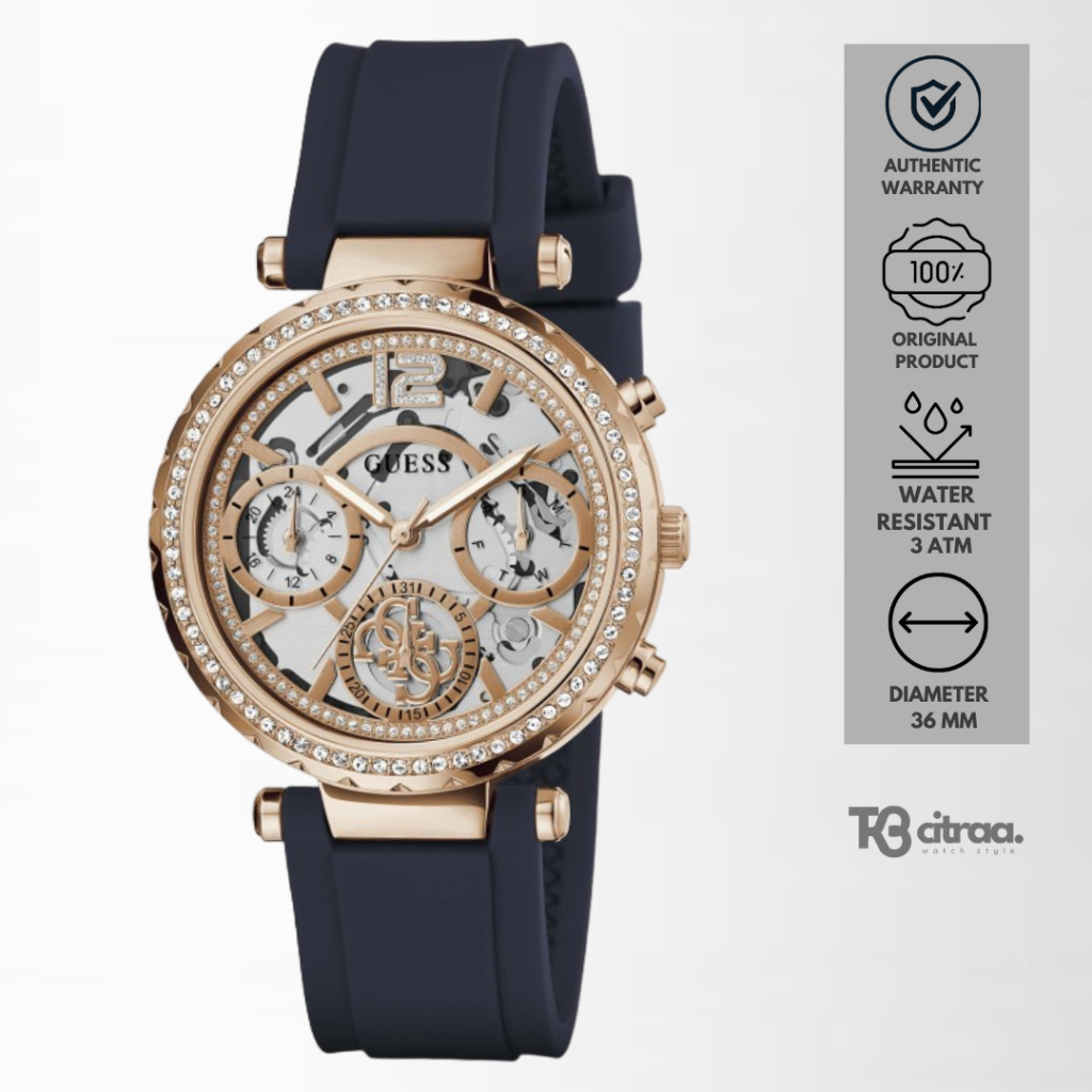Jam Tangan Fashion Wanita Guess Solstice Chronograph Rubber Sillicone Luxury Watch Day Date Rose Gol