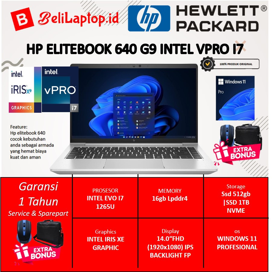 Laptop hp elitebook 640 G9 intel v pro i7 gen 12 RAM 16gb SSD 512gb layar 14 full HD windows 11 pro 