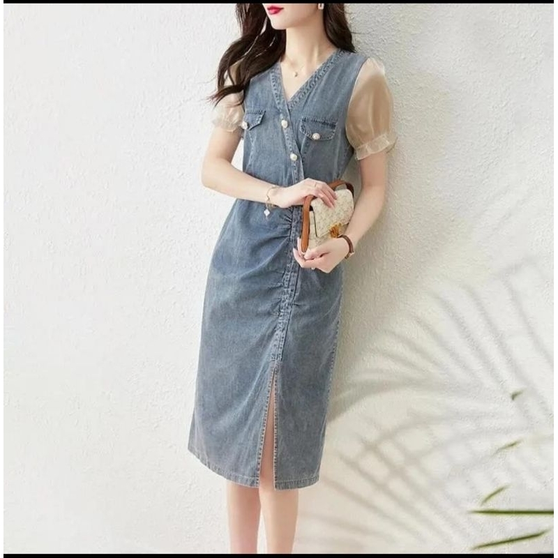Jeans Gaun lengan engah sifon gaya Korea baru/long dress korea/Midi Dress