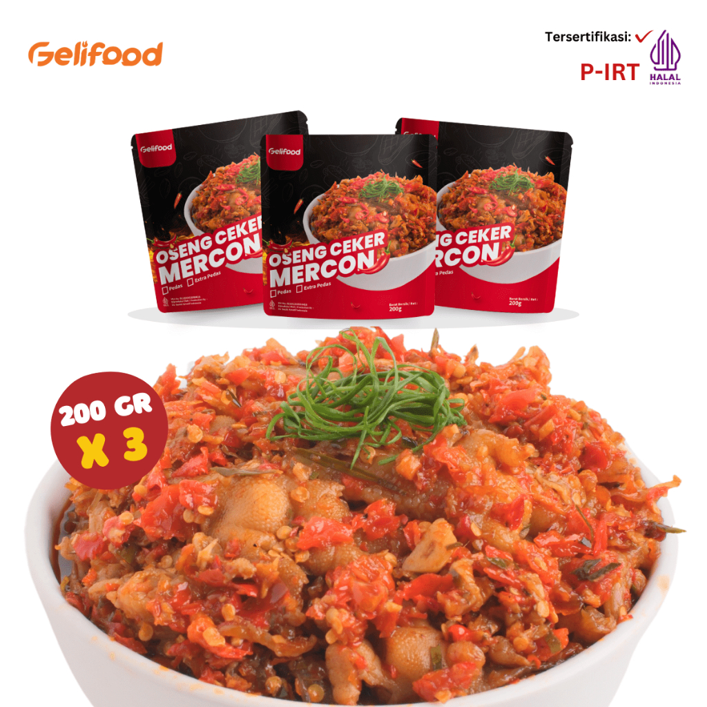 	 Gelifood Oseng Mercon Ceker Tanpa Tulang Pedas Daun Jeruk Makanan Kemasan Combo 3 Pack x 200gr	