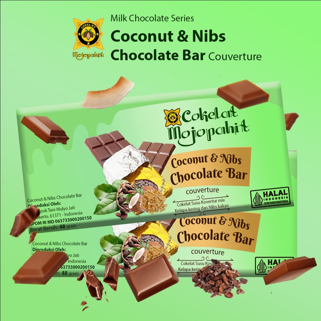 

COKELAT MOJOPAHIT I MILK CHOCOLATE SERIES 48 GR I COCONUT & NIBS CHOCOLATE BAR COUVERTURE