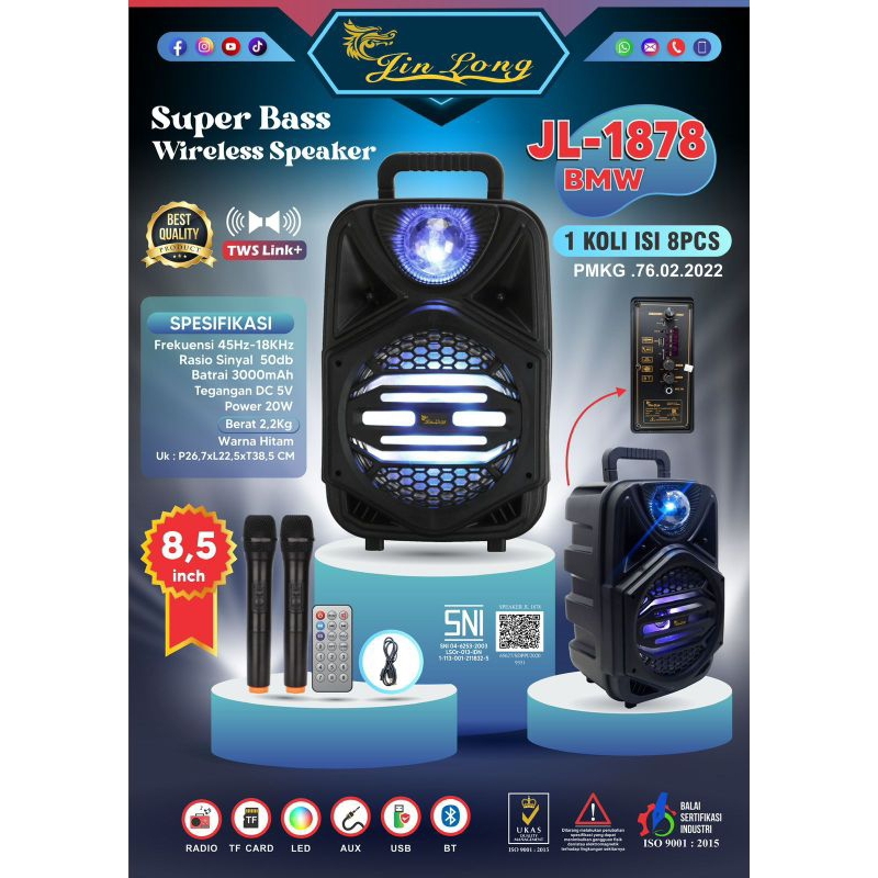 Speaker bluetooth karaoke JL-1878 BMW 8 inch mega bass