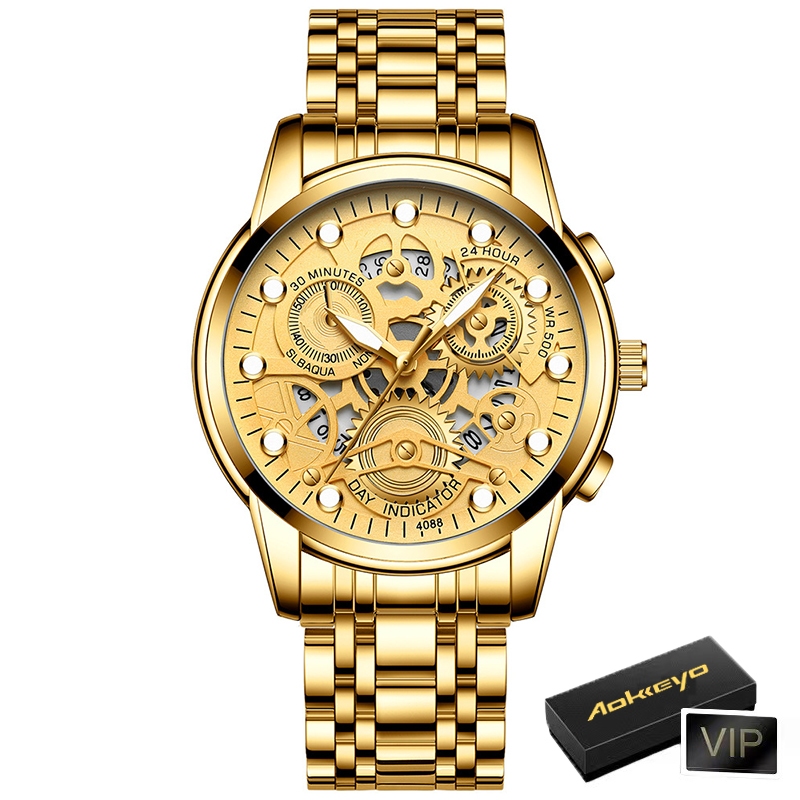 AOKEYO 4088 COD Jam Tangan Pria Anti Air Original Luxury Stainless Steel Free Box And Kartu Garansi-Full Gold-F1
