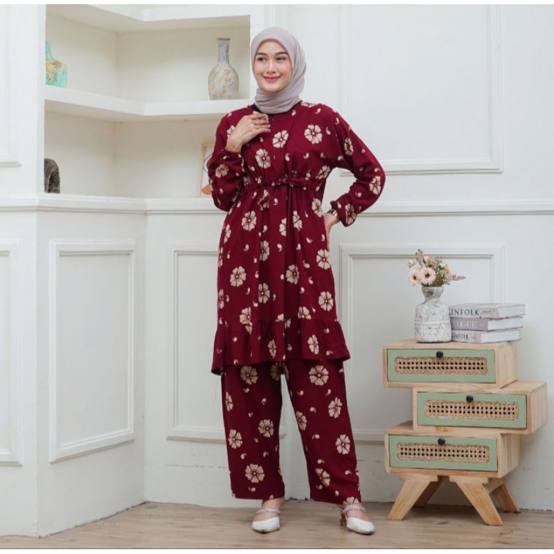 ONE SET PREMIUM / SETELAN TUNIK KEKINIAN MOTIF BUNGA BUSUI FRIENDLY TALI SERUT LD 110 DAN 120 BATIK 