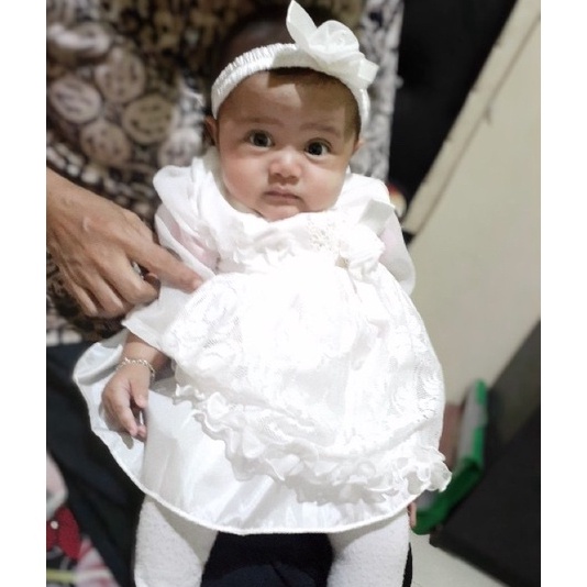 Star Seller Dress Aqiqah New Born  Bando Bayi Sifon Brokat Sweety Aqiqah Dress Putih Baptis Baru Lah