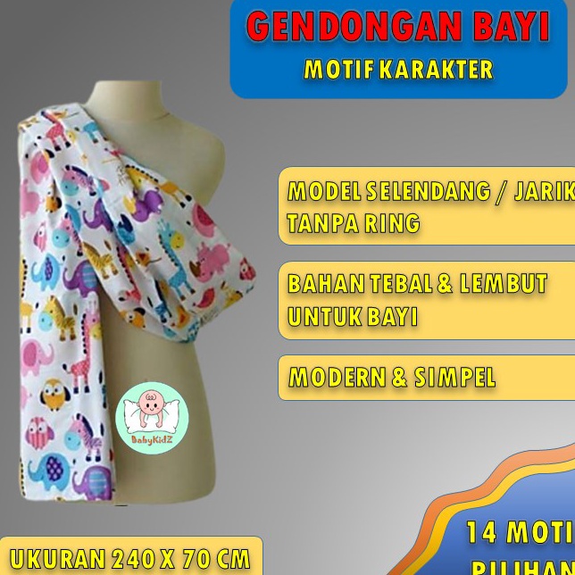 Cukin Gendongan Bayi Samping Motif Karakter Model Selendang Jarik Modern Bahan Katun Mikro Lembut