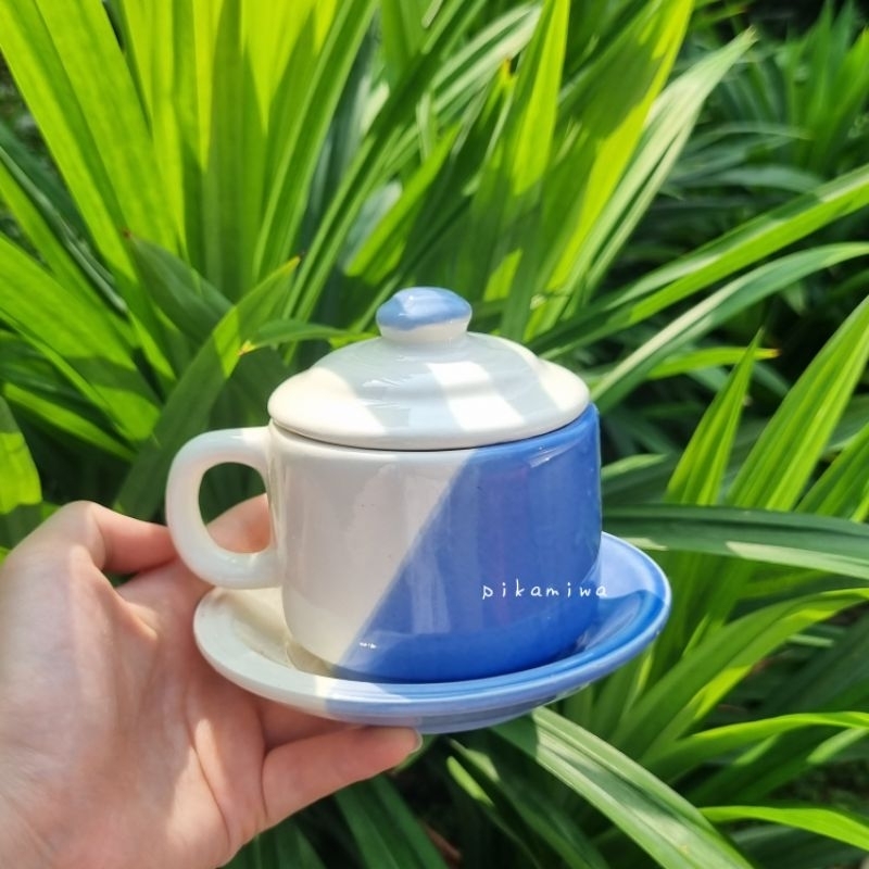 RB CANGKIR TATAK KERAMIK + TUTUP TWO TONE Cangkir Keramik Cantik Cangkir Keramik Murah Cangkir Lucu