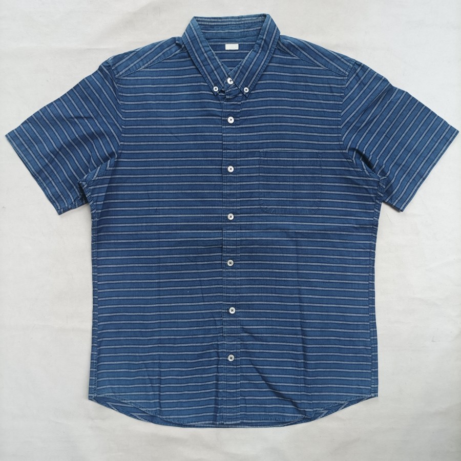 kemeja GU stripes denim chambray button down shirt L