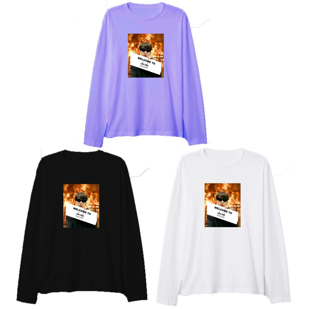 Kaos lengan panjang Bangtan Welcome to Jinhit entertainment Foto menyala sablon depan free foto