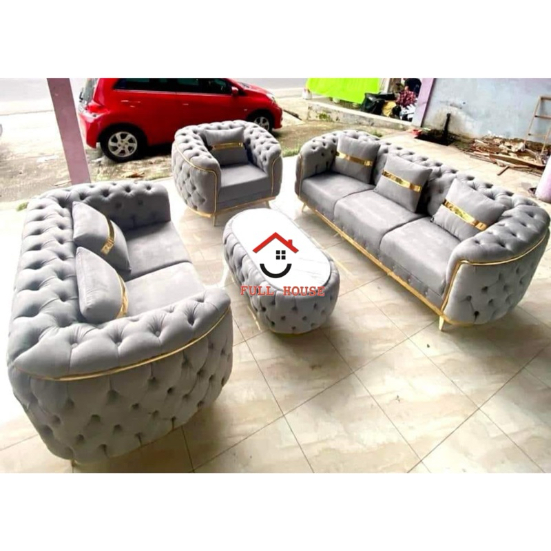 (fullhouse furniture) set sofa mewah kancing bludru dengan meja motif marmer kaki list gold elegan t