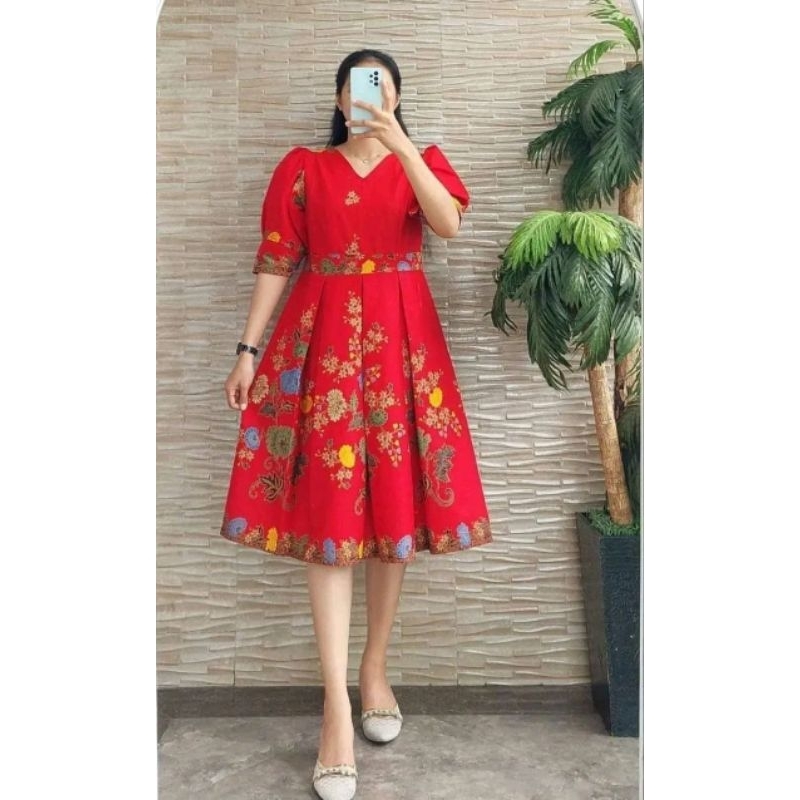 DRESS BATIK PREMIUM PESTA LENGAN BALON DRESS BATIK TERBARU LENGAN PENDEK BALON DRESS BATIK MODERN JU