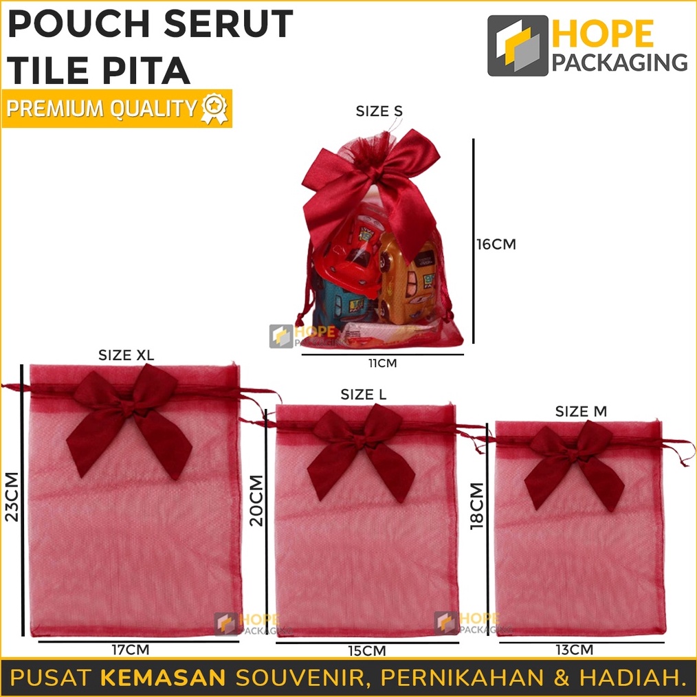 

NEW PROMO Harga 5 Pcs Kemasan Pouch Serut Kain Tile Pita Merah Souvenir WeddingPernikahan Aksesoris Lainnya