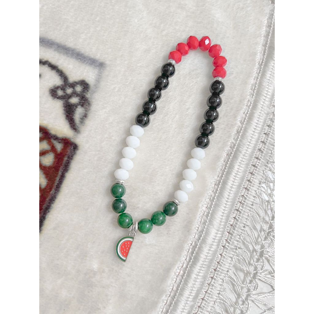Tasbih Kristal Batu Alam Black Onyx dan Green Jade Palestina Charm Semangka