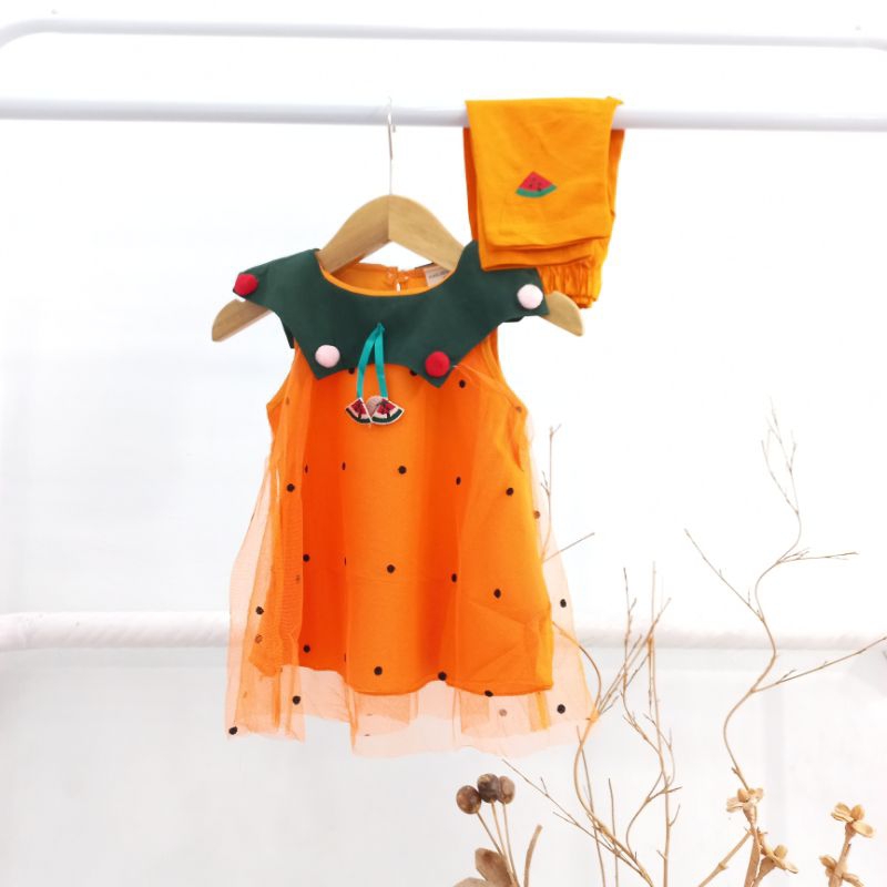 Dress tile setelan anak motif buah murah import