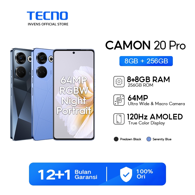 TECNO CAMON 20 Pro – 64MP+RGBW, 32MP AI Shining Selfie, MTK D8050 5G / Helio G99, 8+8GB*+256GB, 5000mAh + 33watt, Android 13, Garansi 12+1 Bulan-1