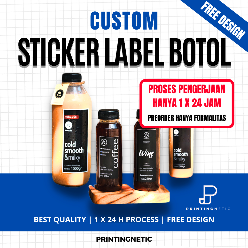 

(FREE DESIGN) Custom Sticker Vynil Botol Tahan Air/ Sticker Minuman / Sticker Kemasan / Sticker Cup