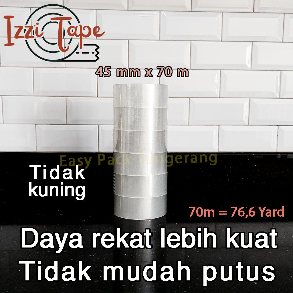 

Harga per 6 Roll IZZI TAPE Plester Lakban Selotip Bening 45mm 1 slop