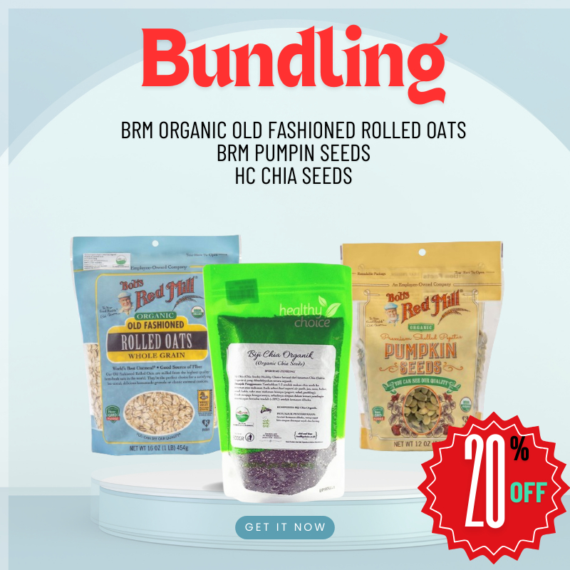 

Bundling Bob's Red Mill Organic Old Fashioned Regular Rolled Oat 454 gr , Bob's Red Mill Organic Pumpkin Seeds 340 gr & Healthy Choice Chia Seeds Organik 500 gr