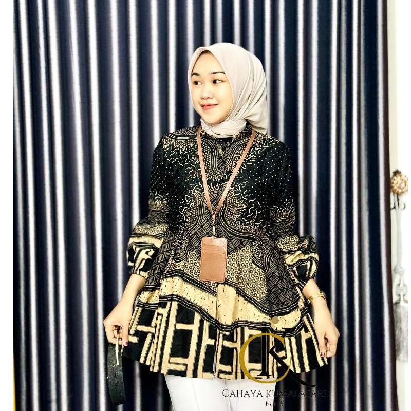 Blouse Batik Wanita Lengan Balon NAFIRA HITAM - Bahan Katun Prima Premium Batik Kerja Wanita Modern