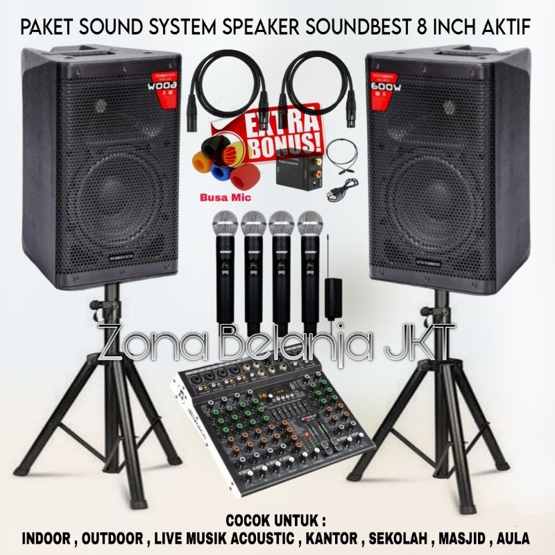 PAKET SOUND SYSTEM INDOOR KARAOKE LIVE MUSIK SPEAKER SOUNDBEST 8 INCH MIXER 6 CHANNEL 4 MIC WIRELESS