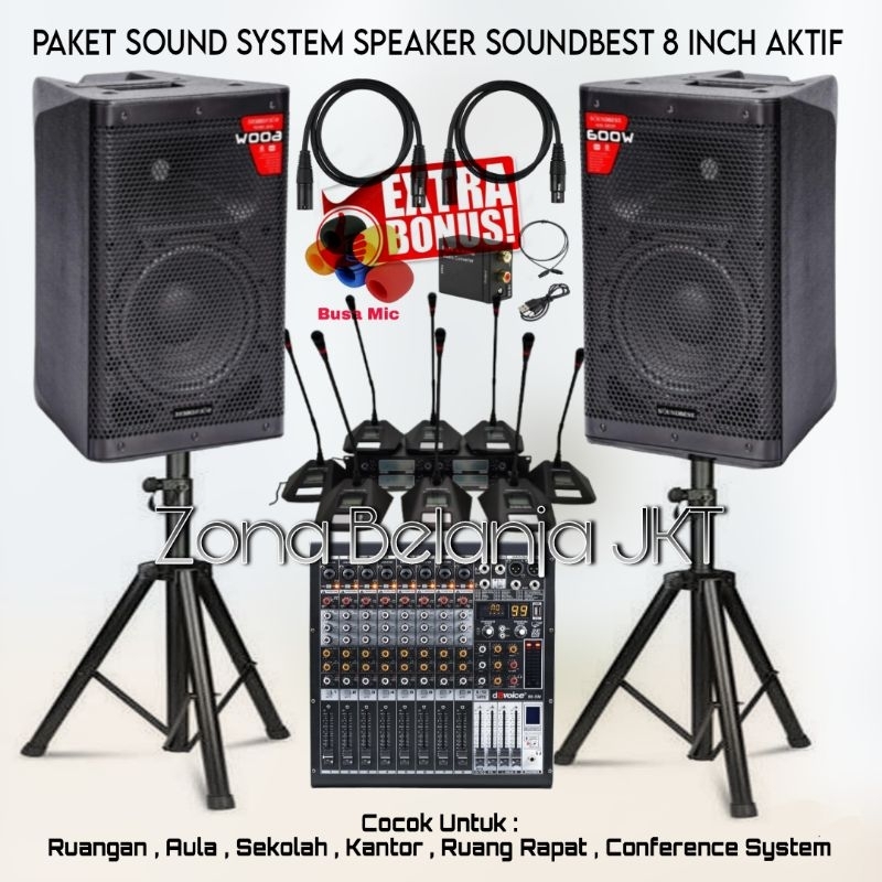 PAKET SOUND SYSTEM RUANG RAPAT MEETING SPEAKER SOUNDBEST 8 INCH MIXER 10 CHANNEL 8 MIC MEJA WIRELESS