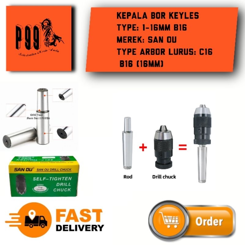 kepala bor keyles drill chuck set arbor nya 1-16 B16 arbor lurus C16 (16mm)
