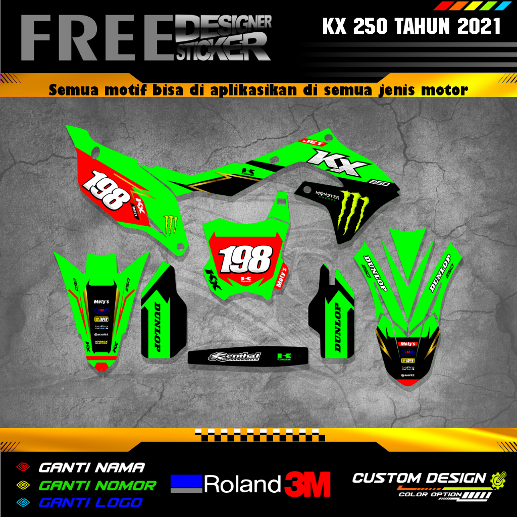 DECAL STIKER KX 250 TAHUN 2021 FULL BODY BISA GANTI NOMOR DAN NAMA