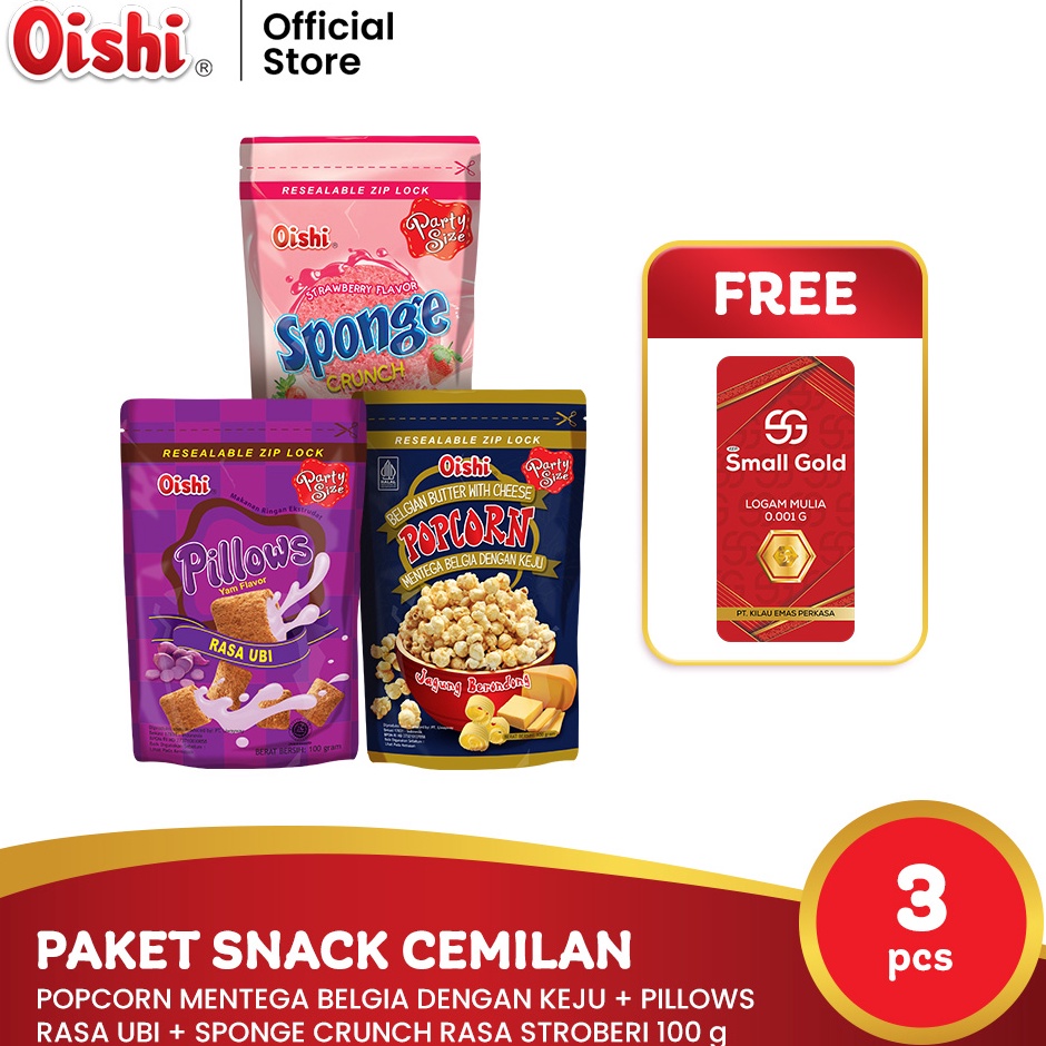 

PRODUK SCLH9 Oishi Paket Snack Cemilan 1 gr x 3 pcs FREE Mini Gold Makanan Ringan Popcorn Mentega Belgia Keju Pillows Ubi Sponge Stroberi 8G8