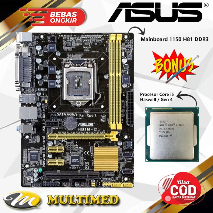 Paket Motherboard Mainboard Mobo Intel LGA 1150 H81 DDR3 + Core I5 4570