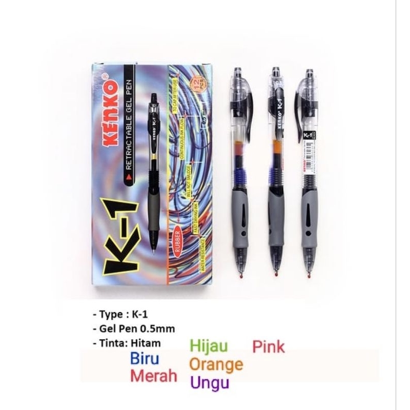 

Pen Kenko K-1 0.5mm Hitam Biru Merah Orange Ungu Hijau Pink (12pcs)