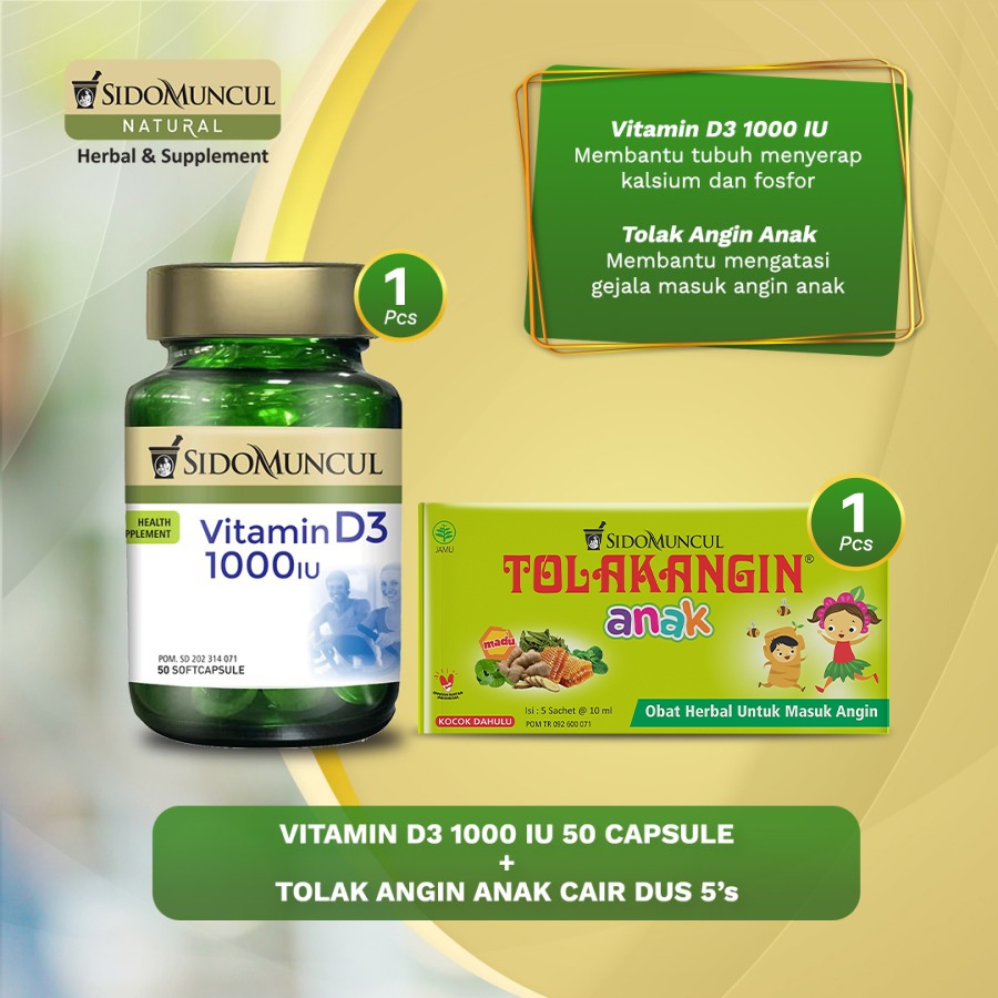 Paket Sido Muncul Natural Vitamin D3 1000IU + Tolak Angin Cair Anak 5's